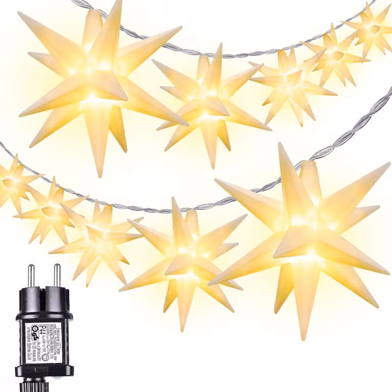 Catena luminosa 3D a forma di stelle, 10 LED, luce bianca calda, lunghezza 11,75 metri, con timer
