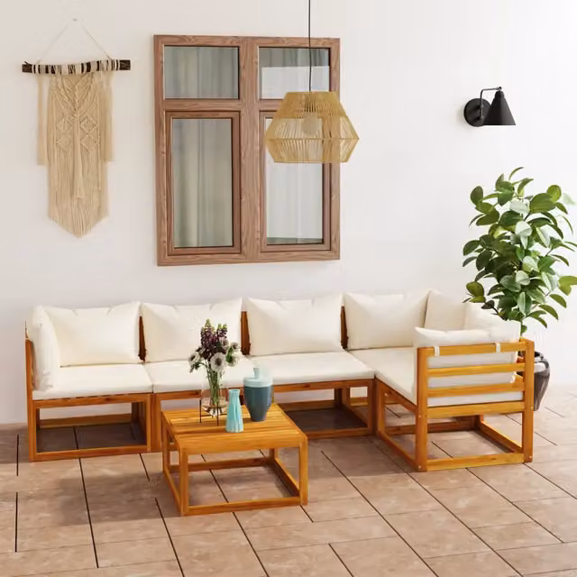 Set Divani da Giardino 6 pz con Cuscini Crema Massello Acacia 3057656