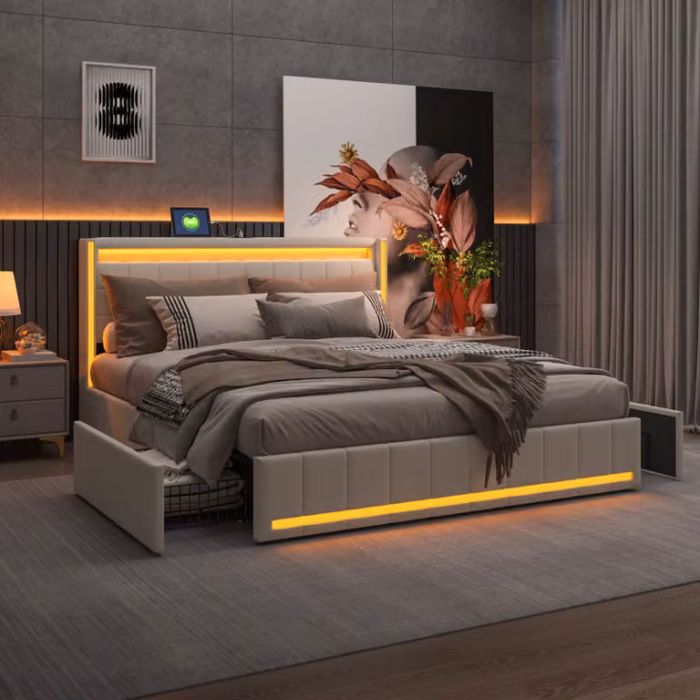 Letto imbottito ProximaX 140x200cm con USB e prese di corrente, letto per ragazzi letto matrimoniale con 4 cassetti, letto contenitore letto in legno massiccio con LED/tipo C e rete a doghe, lino