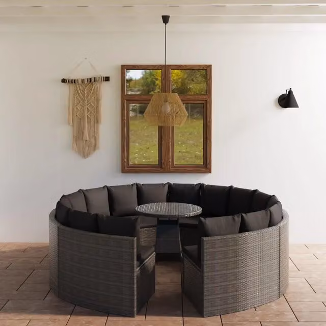 Set da giardino vidaXL in rattan grigio con cuscini e tavolino da esterno a forma di U composto da 9 pezzi