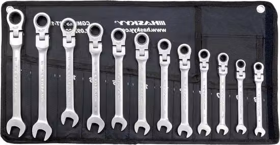 Set di 12 chiavi inglesi combinazione Haskyy in acciaio cromo vanadio argento con gomito, misure 8-19 mm