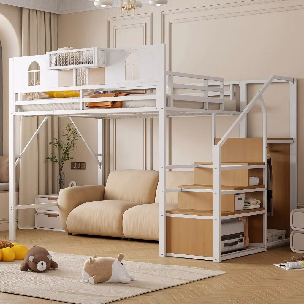 Letto a soppalco REDOM moderno in metallo e MDF bianco con scala portaoggetti e ripiani laterali L/P/H: 200 x 140 x 187 cm – 2