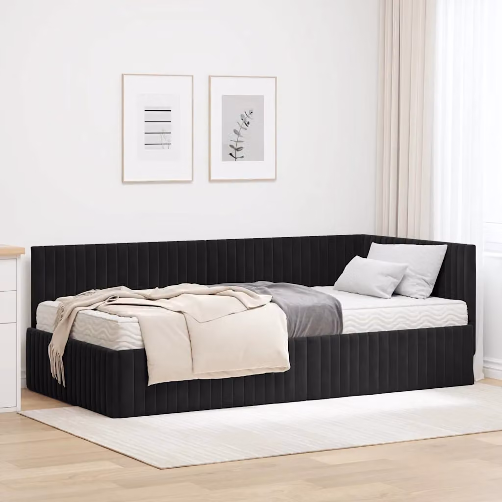 vidaXL Struttura Letto Angolare con 2 Materassi in Velluto Nero, L/P/H: 90 x 200 cm – 1