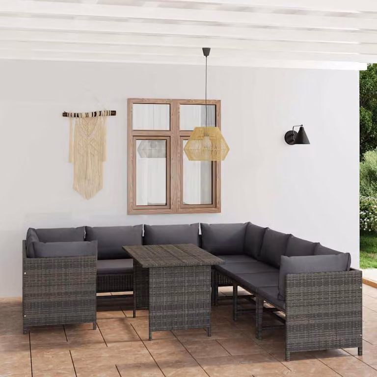 vidaXL Set Divani da Giardino 9 pz a Forma di L con Cuscini Antracite e Tavolino da Esterno