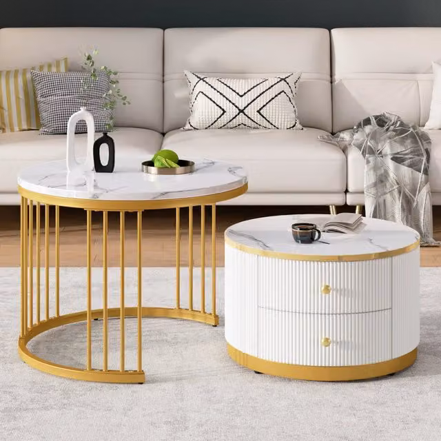Tavolini bassi a incastro rotondi MIVRAY con 2 cassetti in MDF bianco effetto marmo lucido