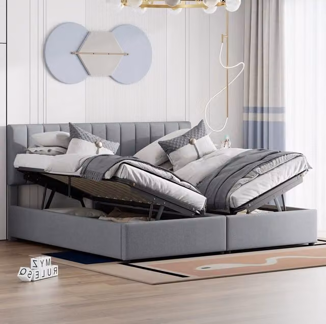 Letto imbottito 180x200 cm con contenitore idraulico; trasformabile in 2 letti da 90 cm; grigio