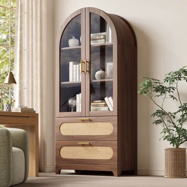 Vetrina, libreria, arco in vetro, 2 cassetti, ripiani regolabili, color noce
