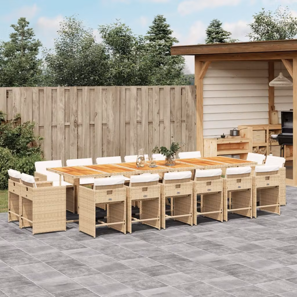 vidaXL Set da Pranzo da Giardino 17 pz in Polyrattan con Cuscini Beige e Tavolo in Legno di Acacia – 1