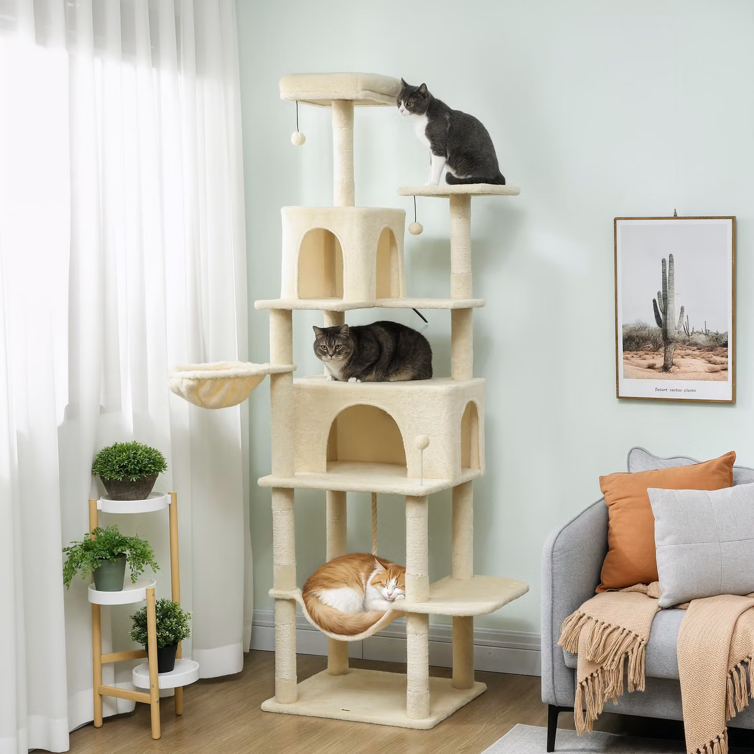 Albero Tiragraffi per Gatti PawHut con Tane, Amaca e Pali in Sisal, Beige, H 202 x L 48 x P 60 cm – 2
