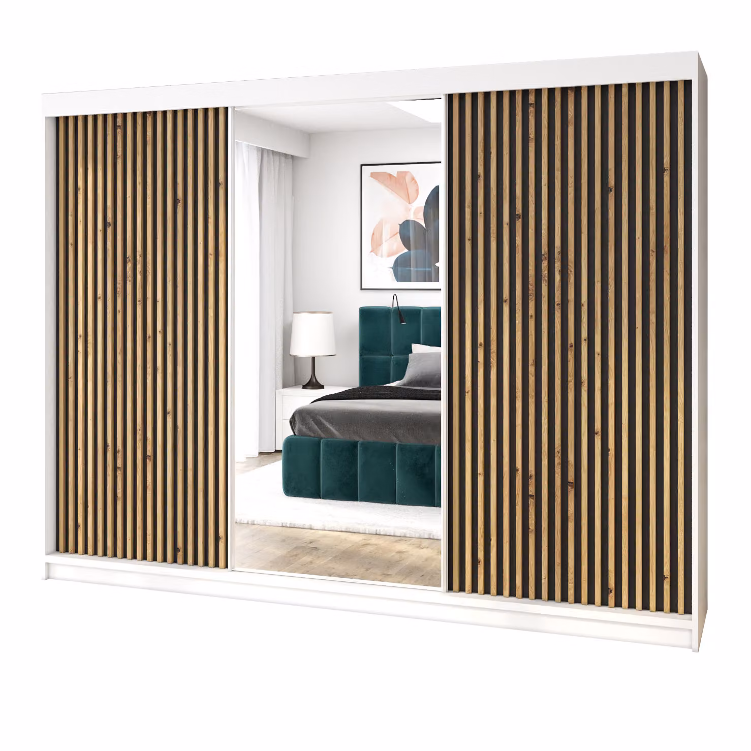 Armadio a porte sospese, a 3 ante, modello FARA 200 cm (con specchio) Bianco / nero / nero