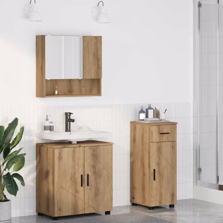 Set di mobili per il bagno vidaXL 3 pezzi in rovere e metallo nero, composto da mobile lavabo, armadietto con specchio e pensile da parete