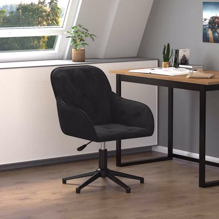 Sedia Girevole da Ufficio vidaXL in Velluto Nero con Struttura in Metallo e Legno