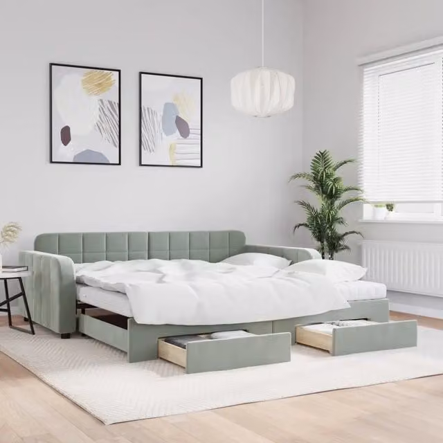 Divano Letto Estraibile con Cassetti in Velluto Grigio vidaXL L: 223 cm, P: 110 cm, H: 71 cm – 1