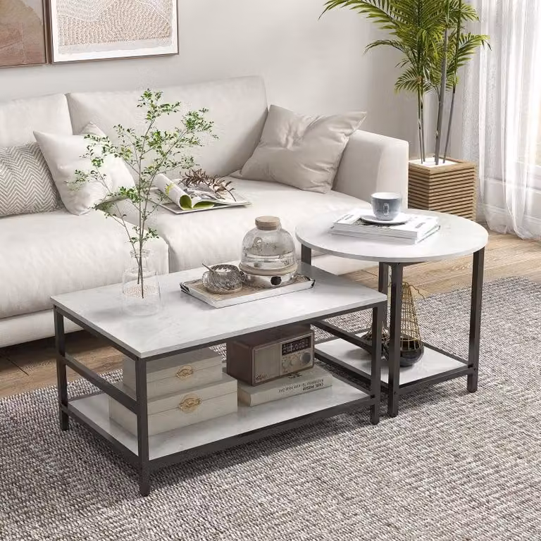 Set di 2 tavolini da caffè - Aspetto marmo | Colore: Bianco | Dimensioni: 54x80x41 / 60x60x51 cm