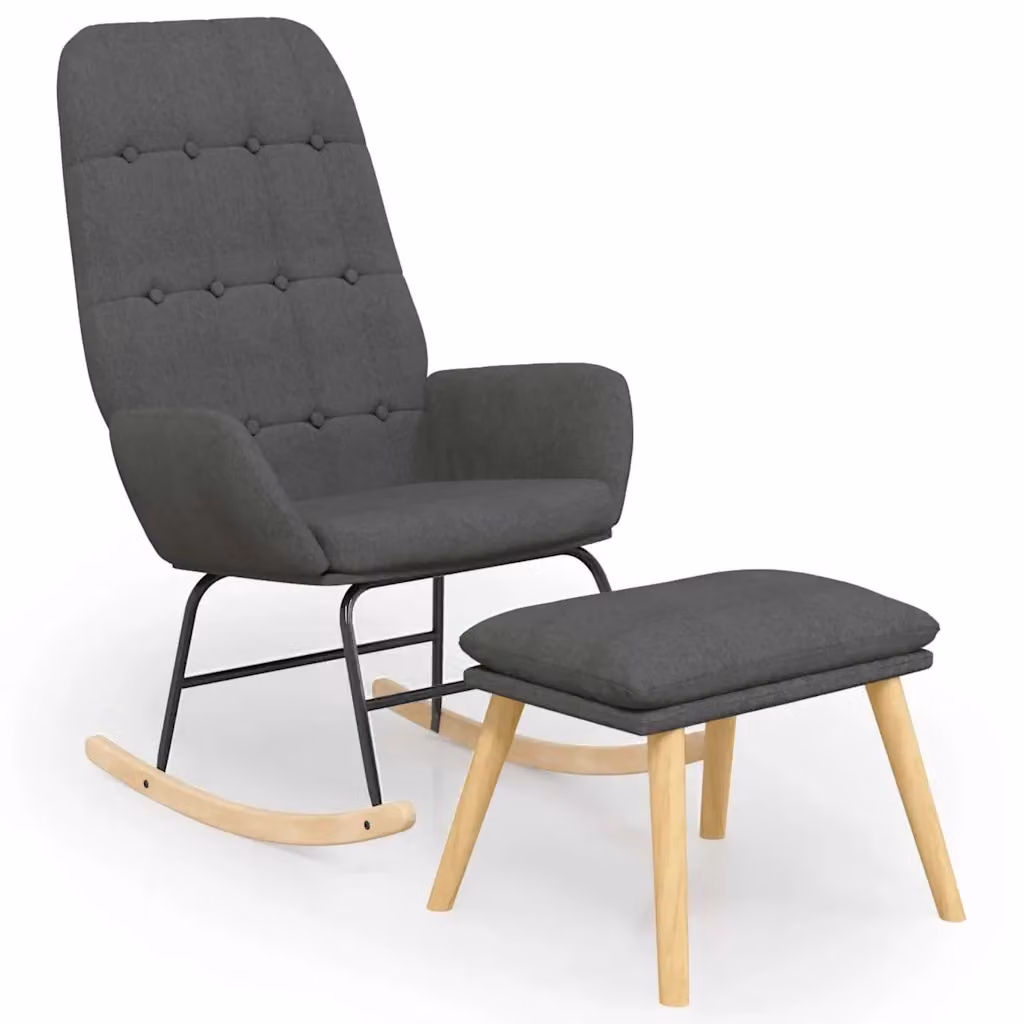 Poltrona a dondolo con poggiapiedi in tessuto grigio scuro e struttura in legno e metallo DESIGN IN – 2