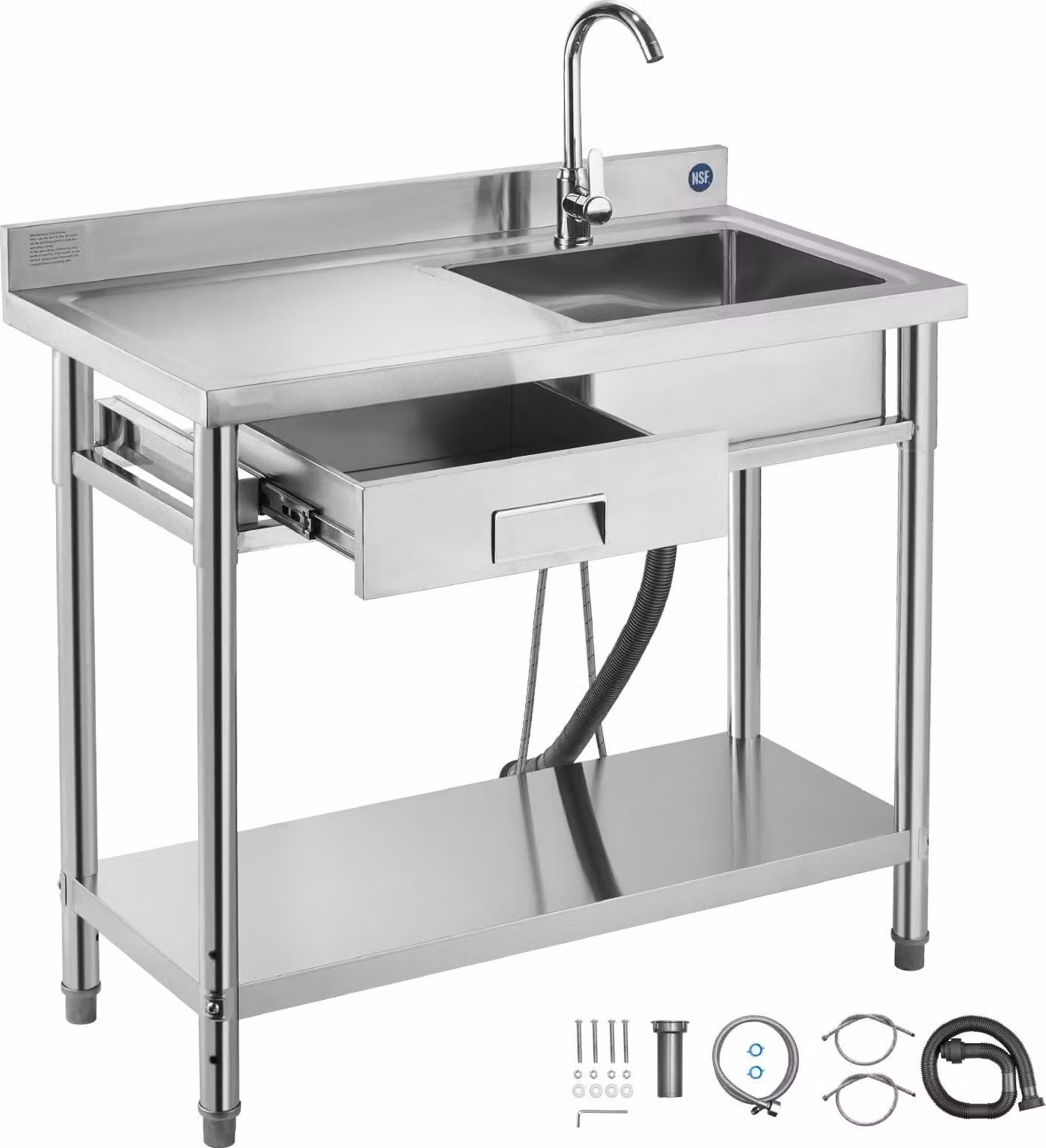 Lavello da cucina - Lavello da cucina in acciaio inox a vasca singola 100 x 50 x 94 cm - Con rubinetto - Con cassetto - Piano di lavoro a sinistra - Indipendente - Per la ristorazione e l'uso esterno