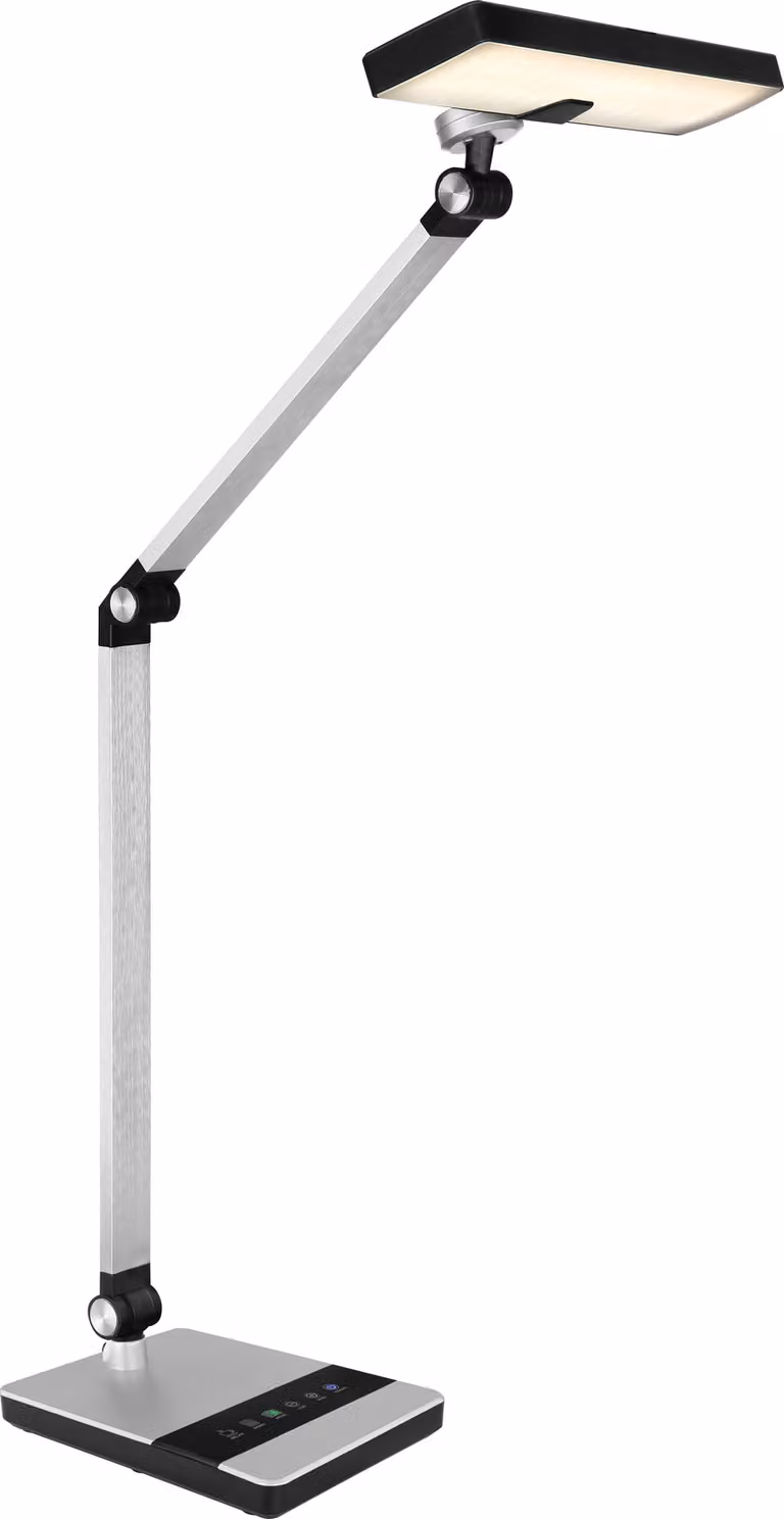 Lampada da tavolo Globo Lighting, corpo in plastica nera, dettagli in alluminio spazzolato argento e plastica satinata. Accensione/spegnimento tramite touch, dimmerabile, con dimmer touch a regolazione continua. Possibilità di fissare i colori. Orientabil