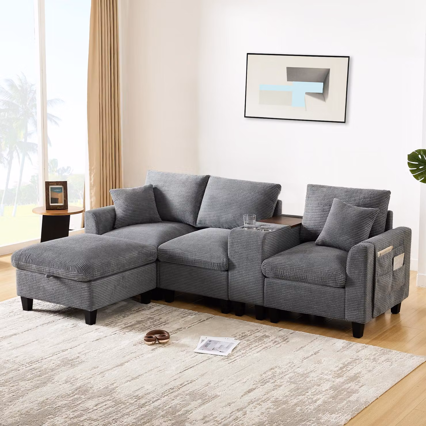 Divano angolare a L Merax con base letto, console, porte USB, sgabello contenitore, cuscini, divano a 3 posti, set di divani, divano, tessuto in corda, grigio