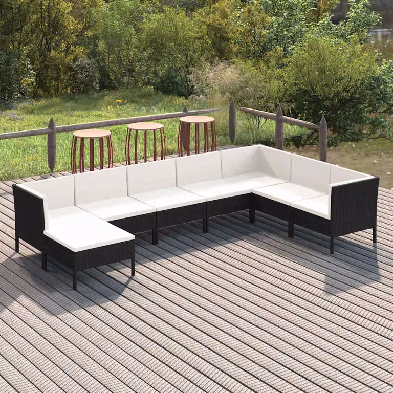 Set Divani da Giardino vidaXL 8 pz con Cuscini, Design Moderno a U, Colore Nero e Bianco con Struttura in Acciaio e Polyrattan
