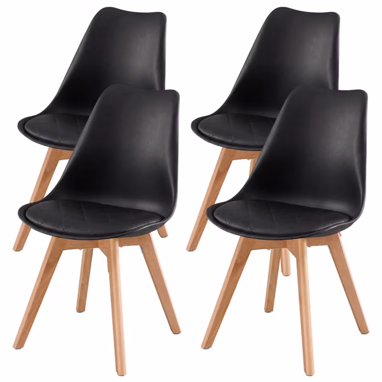 VASAGLE, set di 4 sedie da pranzo, sedie imbottite per cucina in ecopelle e legno di faggio, dimensioni 46,5 x 57 x 79 cm, colore nero