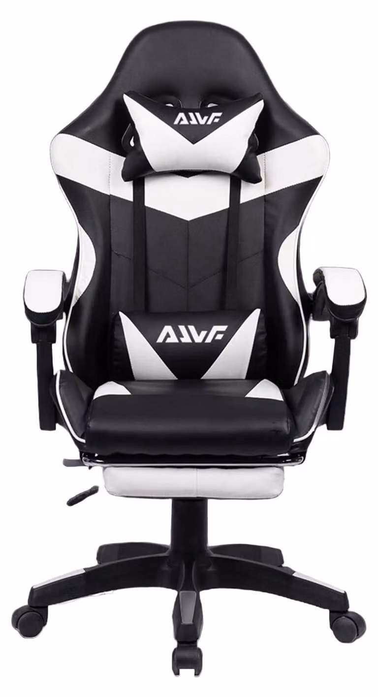 Sedia da gaming ergonomica, rivestita in ecopelle bianco e nero, con poggiapiedi regolabile