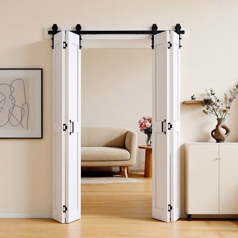 Porta scorrevole a libro in stile porta da fienile - Set porta scorrevole a libro - 122 x 213 cm - MDF - Set di ferramenta incluso - Design a telaio a H salvaspazio - Pannelli preassemblati - Bianco