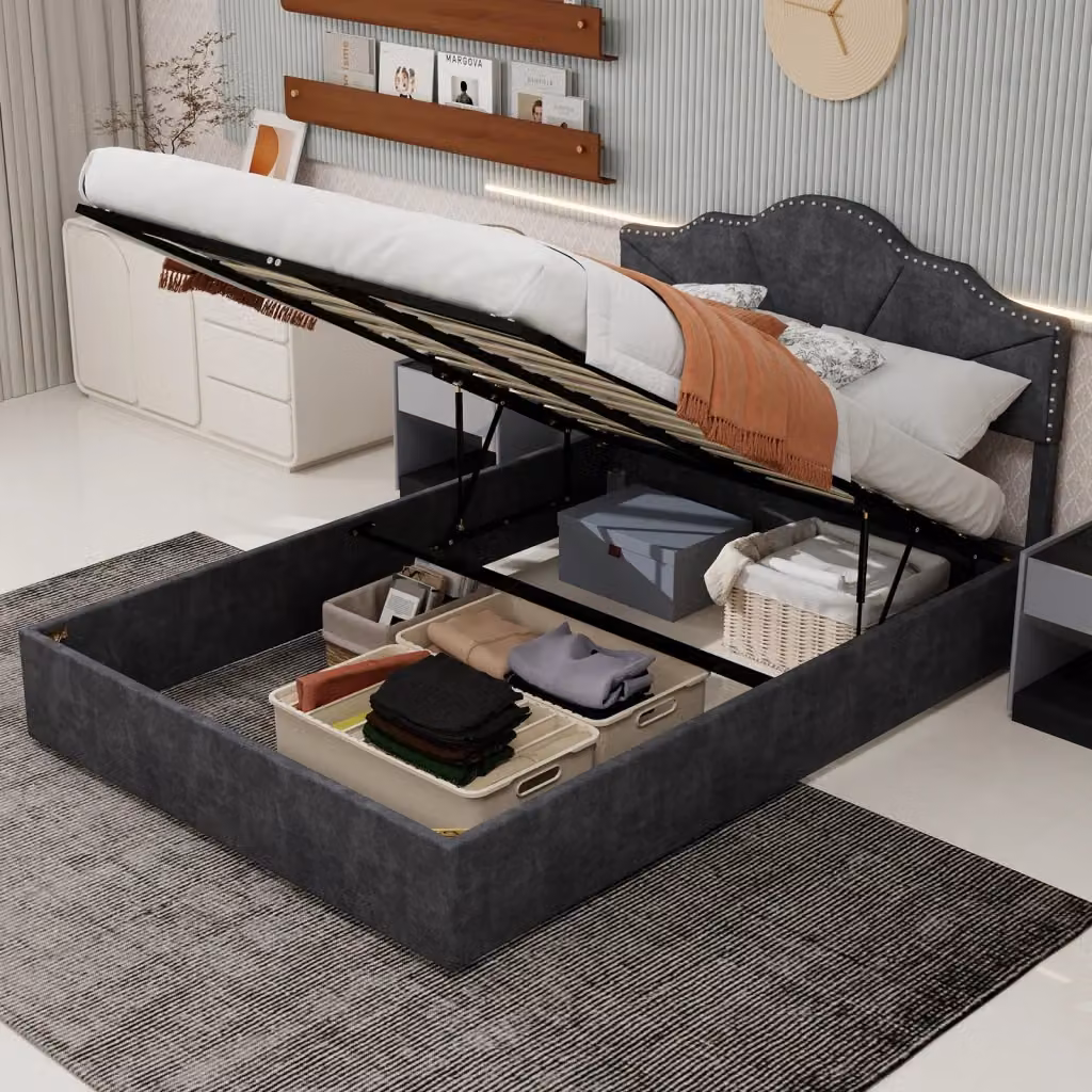 Letto contenitore matrimoniale moderno in tessuto grigio con sollevamento pneumatico L/P: 160 x 200 cm – 2