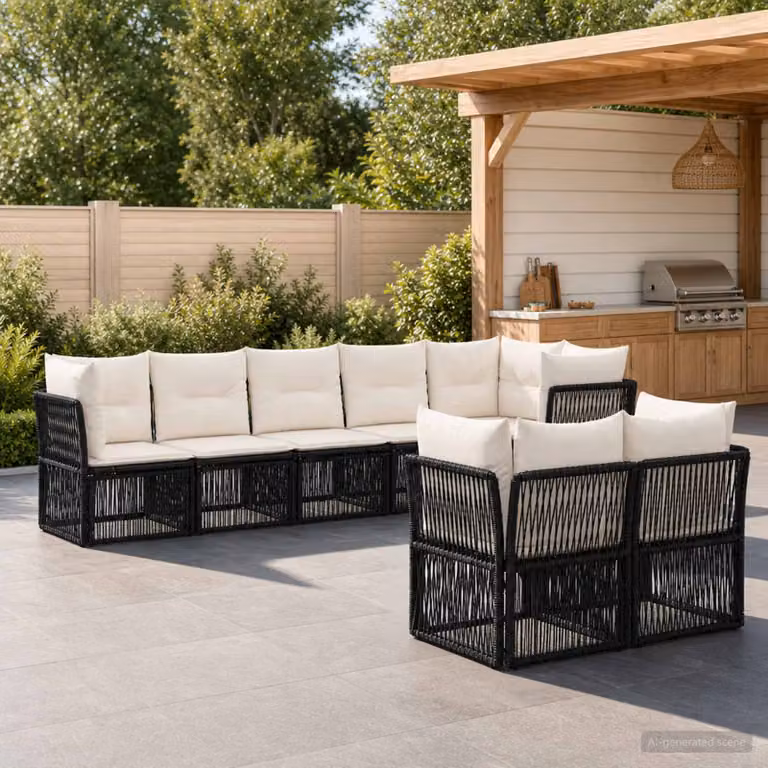 Set Divano da Giardino vidaXL 8 pz Moderno a Forma di L in Polyrattan Nero con Cuscini Imbottiti e Rivestimenti Rimovibili