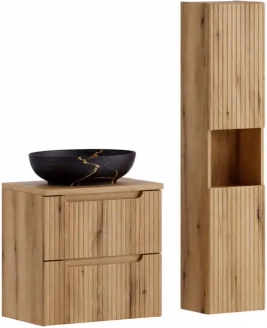 Ensemble VANO rovere chiaro 90cm: mobile sotto lavabo con cassetti + piano per lavabo + lavabo da appoggio nero marmorizzato + colonna