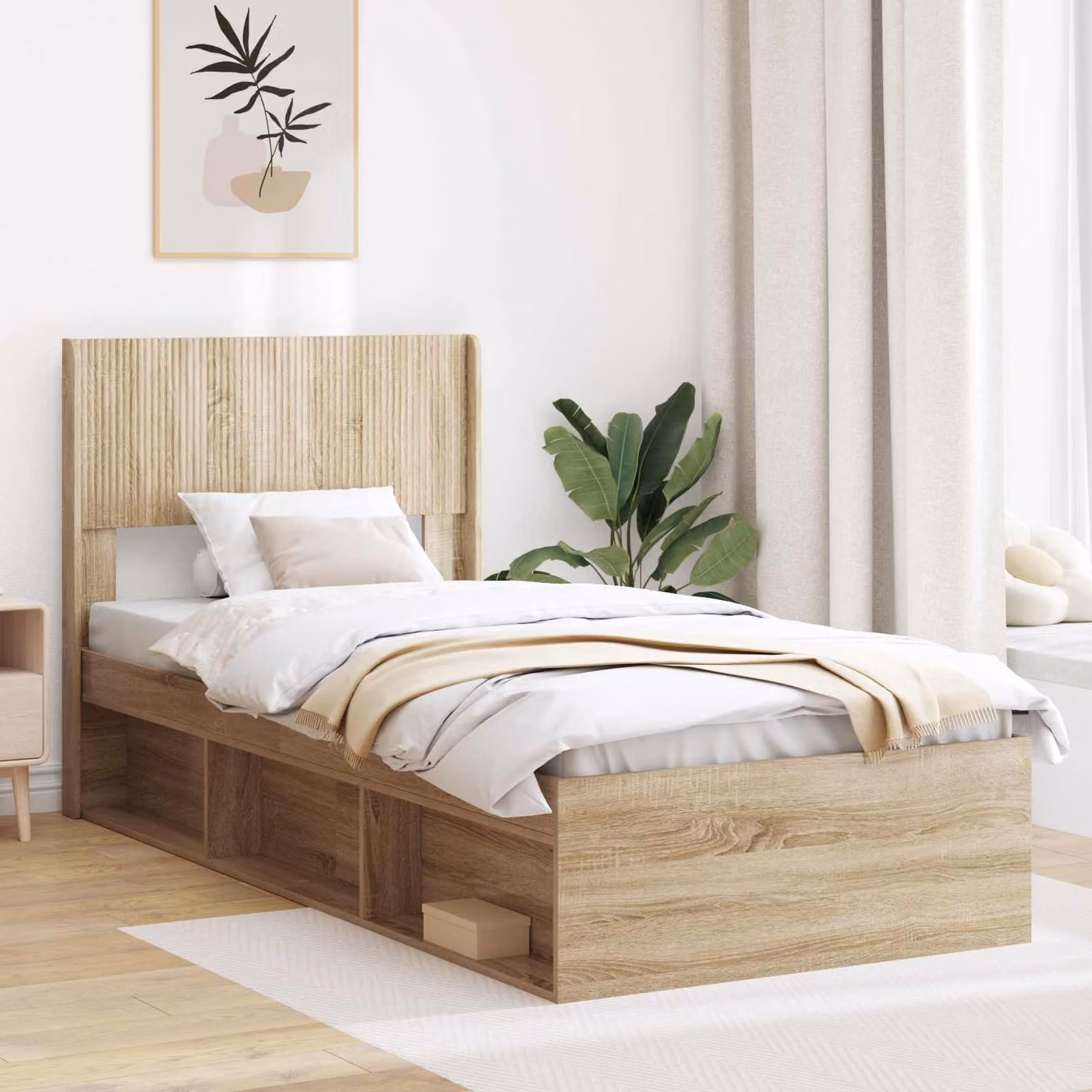 Letto con contenitore e testata vidaXL in legno color rovere, L: 140 cm, P: 193 cm, H: 82 cm