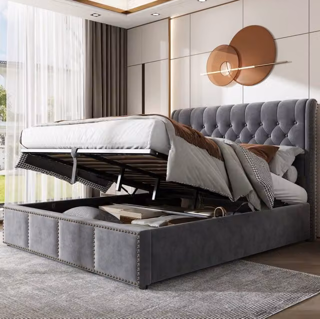 Letto imbottito ULEVR 140x200 cm con contenitore idraulico, rete a doghe e panca in velluto grigio