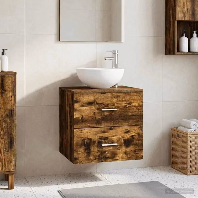 Mobiletto con Lavabo da Parete Moderno vidaXL in Rovere Fumo con Cassetti e Ante, L/P/H: 49,5 x 35 x 63 cm