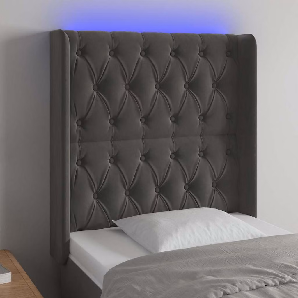 Testiera per letto vidaXL in velluto grigio con illuminazione LED e porta di ricarica USB, L/P/H: 83 x 16 x 118/128 cm