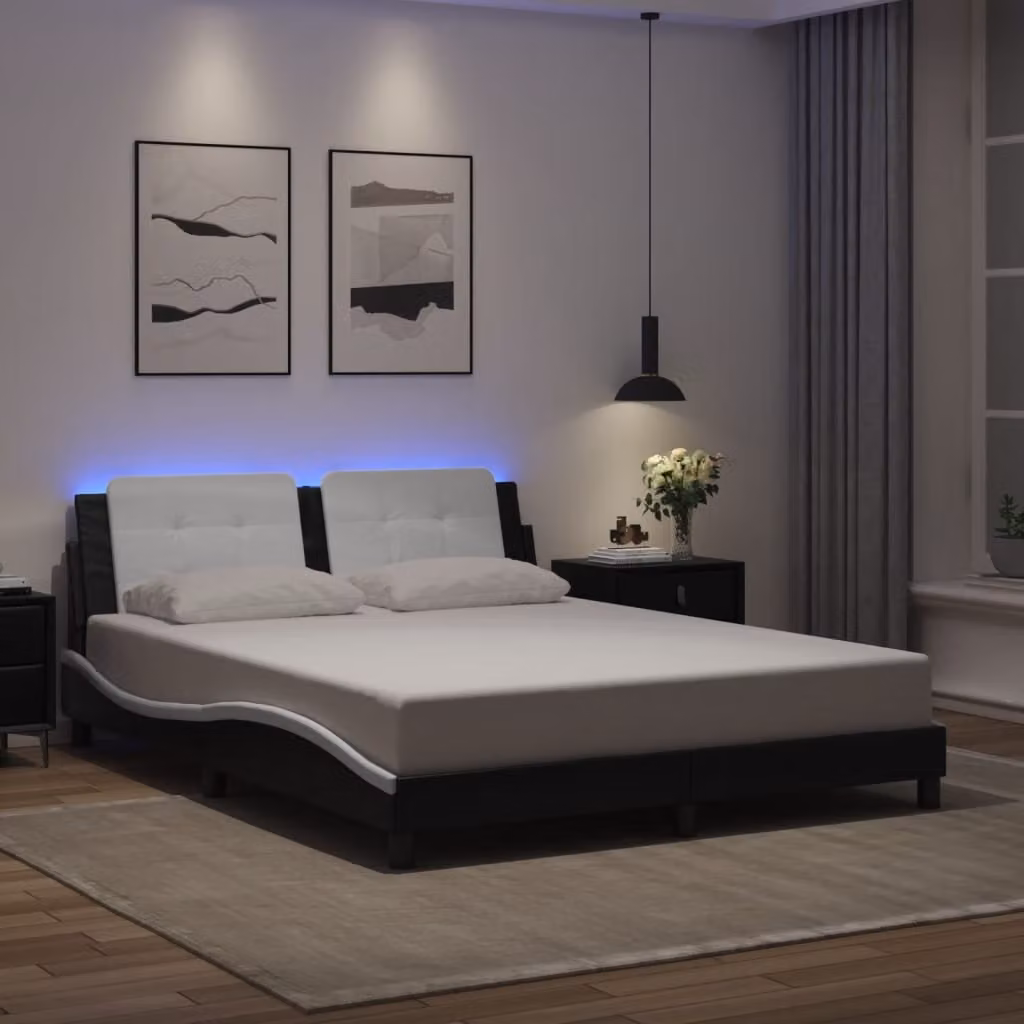 vidaXL Giroletto Zadar con LED e porta USB senza materasso, Nero e Bianco, L: 160 cm, P: 200 cm – 1