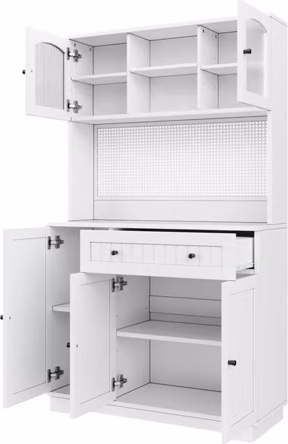 Hochschrank mit Vitrinentür, verstellbaren Einlegeböden und Lochblech, Weiß, 103,5 × 40 × 180 cm