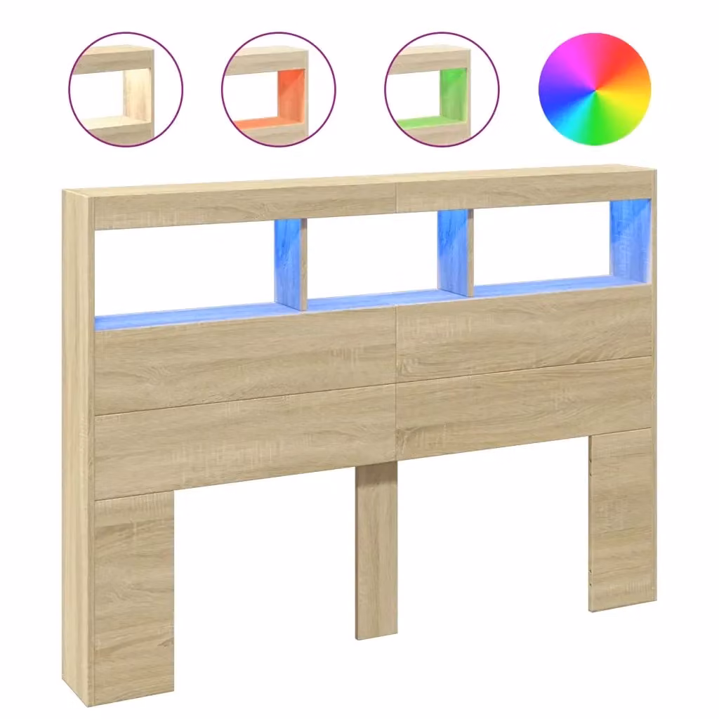 Testiera con Contenitore Design Mania in Rovere Sonoma con LED, Ripiani e Porta USB, L 140 x P 17 x H 102 cm – 2