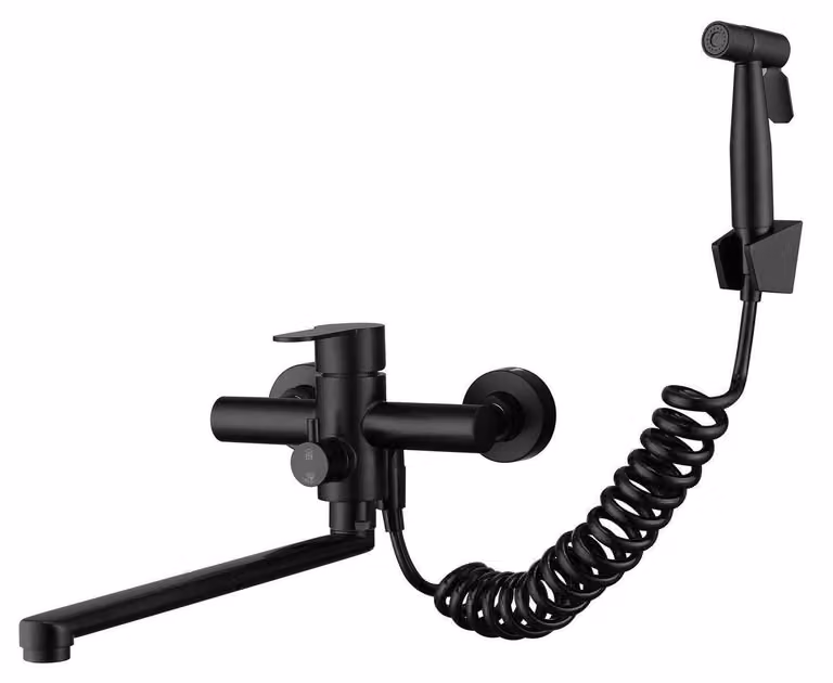 Miscelatore da cucina a parete, nero, con doccetta estraibile, 350 mm, acciaio inossidabile