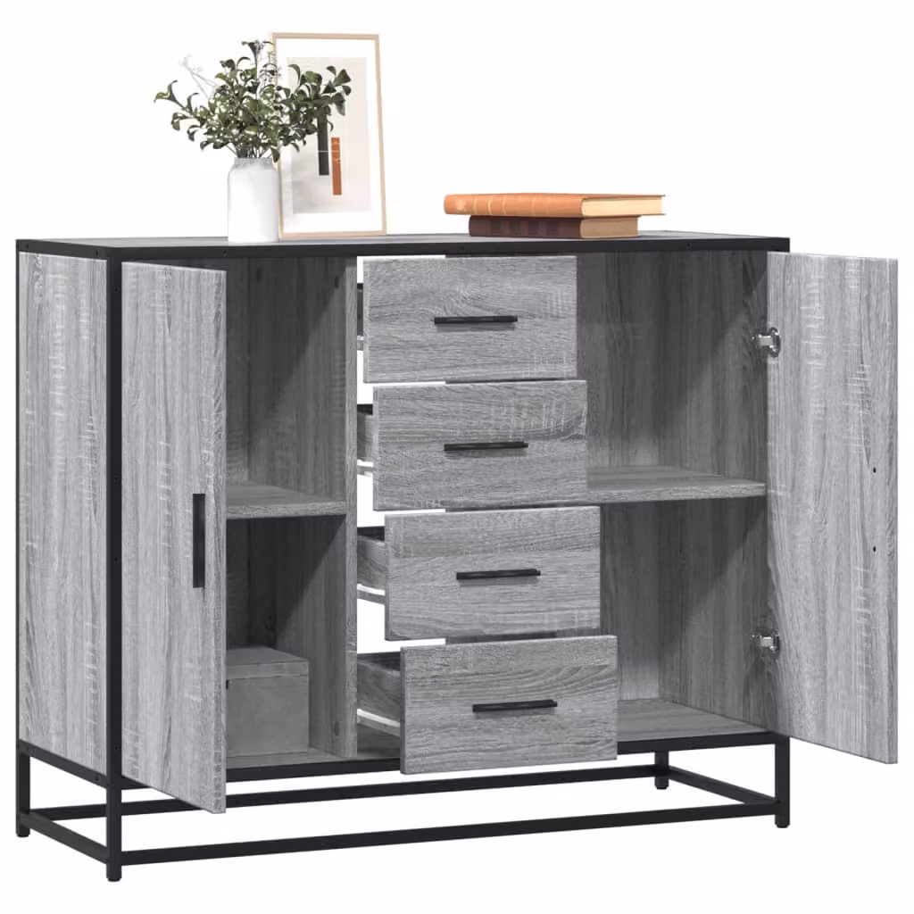vidaXL Credenza in stile industriale Grigio con legno e metallo L: 92 cm, P: 35 cm, H: 76 cm – 1