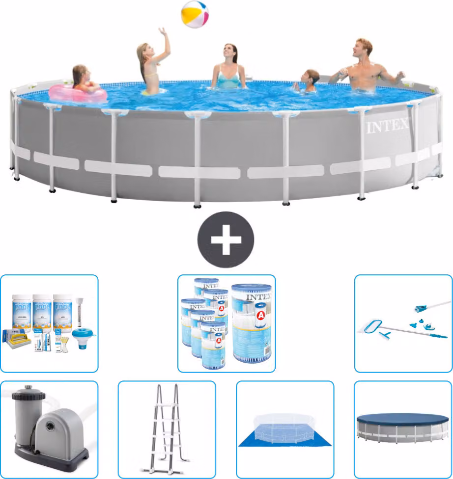 Piscina Intex Round Prism Frame - 548 x 122 cm - Grigio - inclusa pompa - scaletta - telo di fondo - pacchetto di manutenzione della copertura - filtro - kit di pulizia