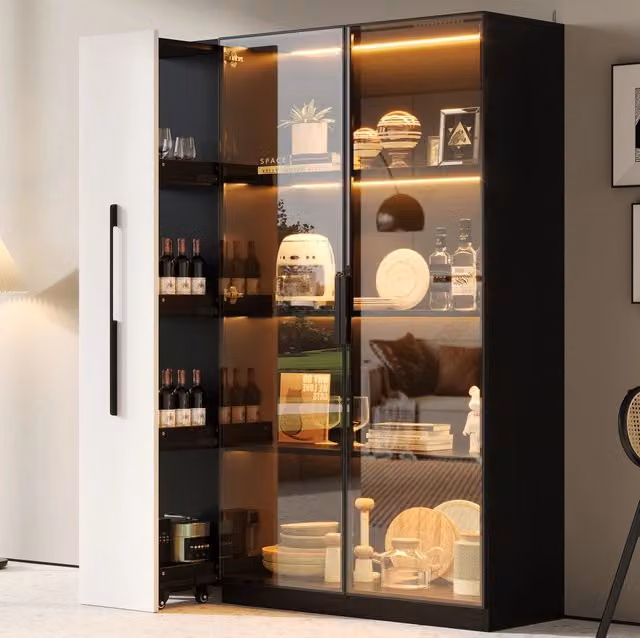 Vetrina multifunzione con LED; vano laterale estraibile; MDF e vetro; nera; 110;5 × 35 × 160 cm