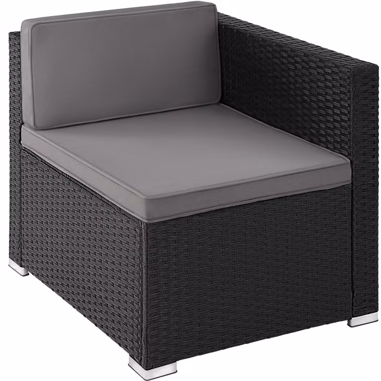 Set da giardino Tectake Lignano in rattan nero con poltrona lounge, elemento angolare, pouf e tavolino da esterno con cuscini inclusi
