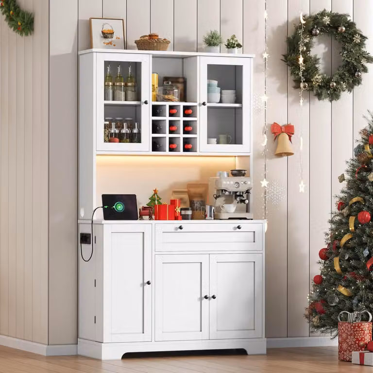 Armadio da cucina alto, 180 cm, bianco, con illuminazione a LED e presa di corrente; mobiletto buffet con scaffale per vino e porta in vetro