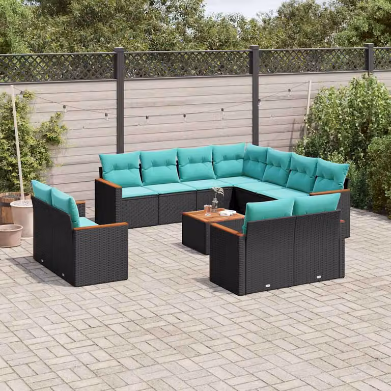 Set Divani da Giardino vidaXL 12 Pezzi a Forma di U con Tavolino e Cuscini, Polyrattan e Acciaio, Colore Blu Turchese