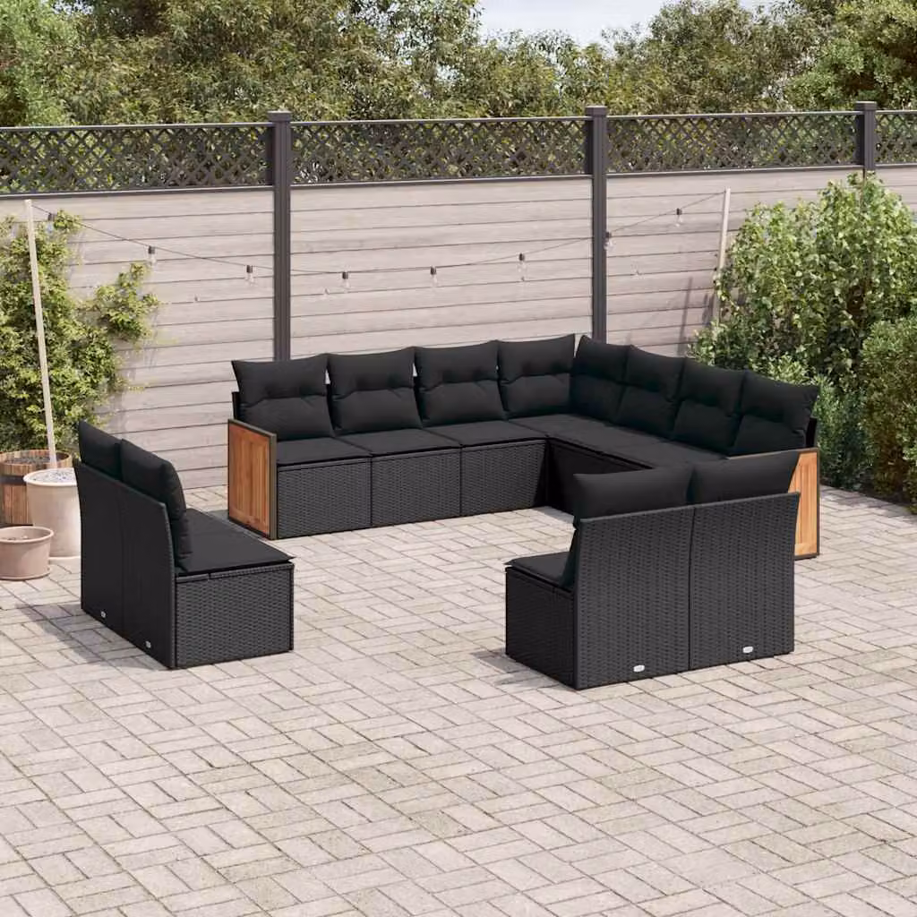 vidaXL Set Divani da Giardino 11 pz in Polyrattan Nero con Cuscini Imbottiti e Rivestimenti Rimovibili – 1