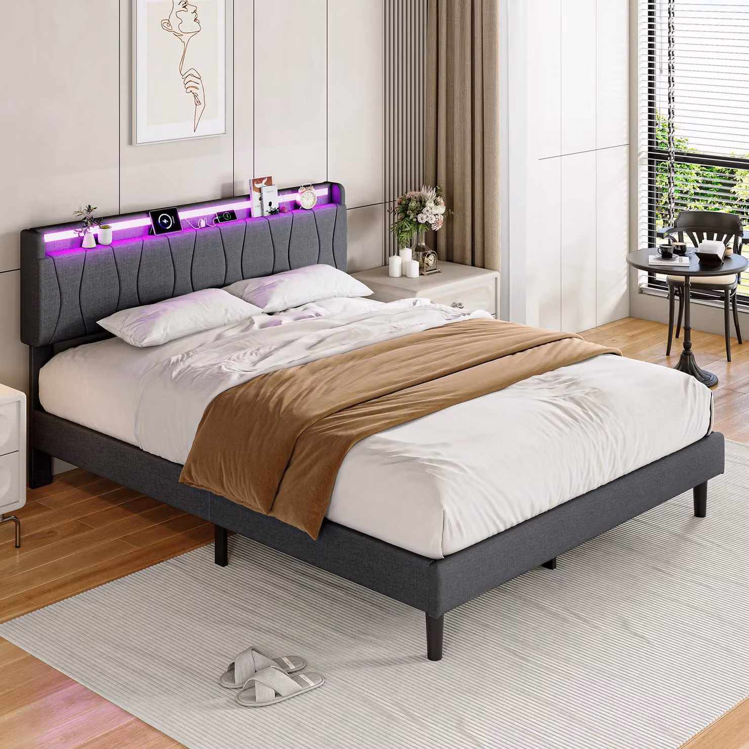 Letto imbottito REMZETTA, 160 x 200 cm, letto matrimoniale per adulti con rete a doghe, testiera imbottita in lino, illuminazione LED RGB, porta USB-C e 2 porte USB, colore grigio