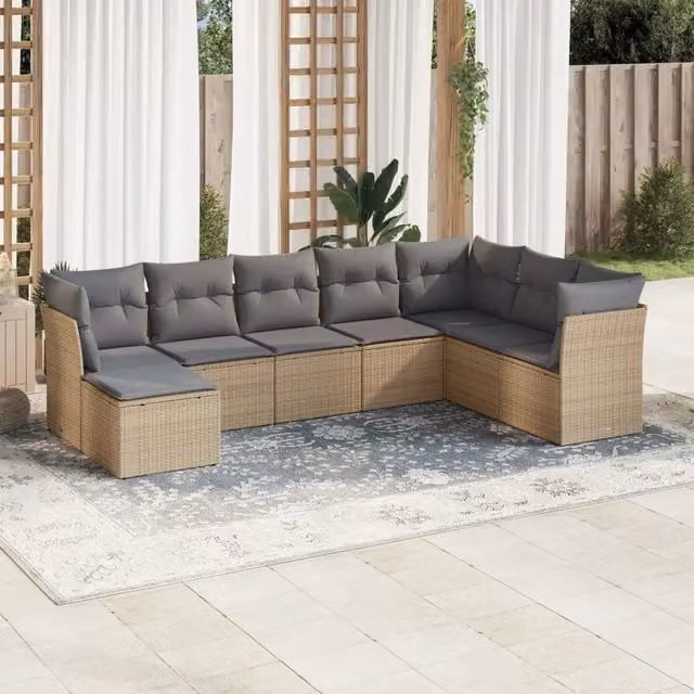 Set Divano da Giardino Moderno VIDAXL in Polyrattan con Cuscini Beige e Grigio, 8 Posti – 1