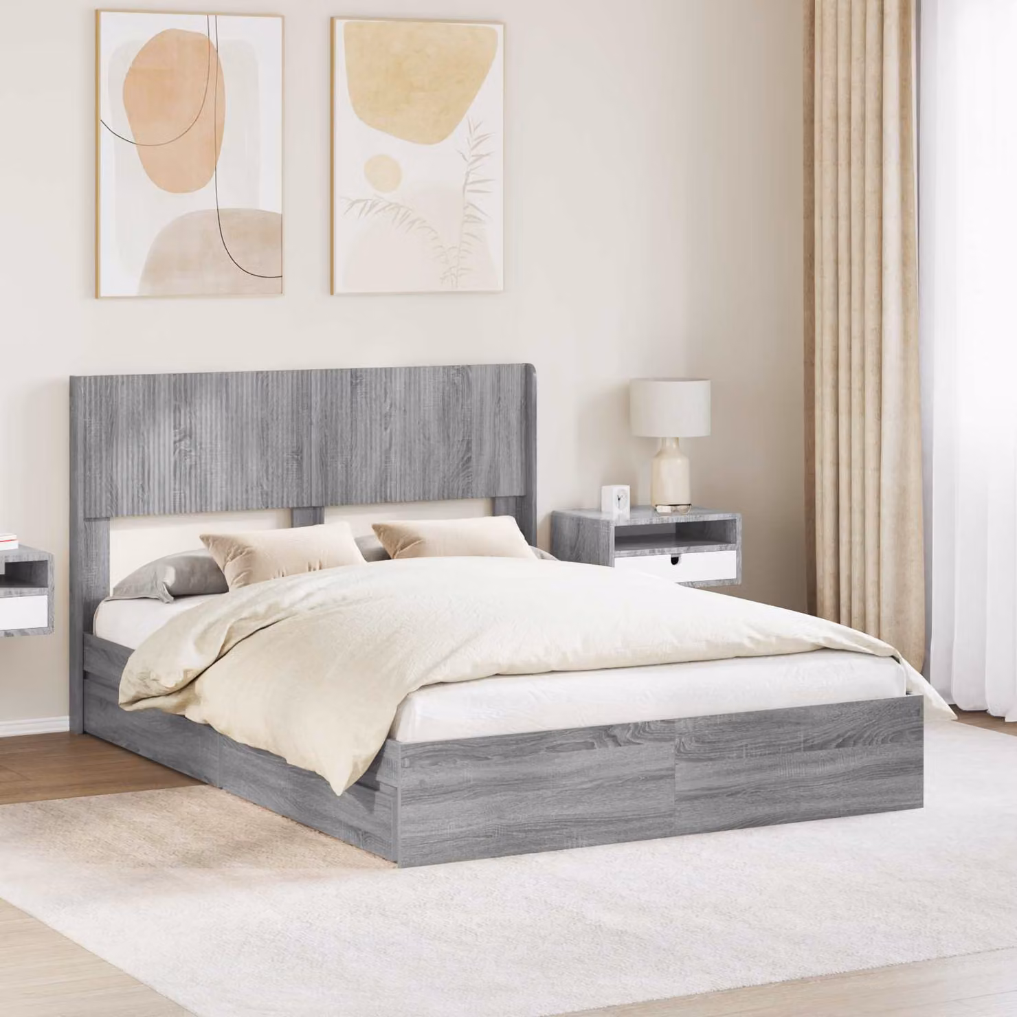 Struttura letto con stoccaggio e testata vidaXL in legno Sonoma grigio L: 146,5 cm, P: 203,0 cm, H: 280,0 cm