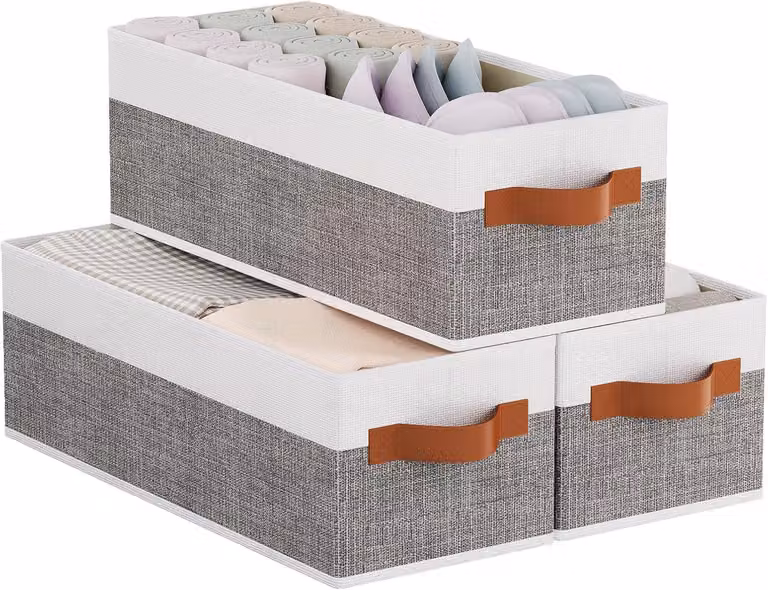 Cesto portaoggetti pieghevole, set di 3 pezzi, dimensioni 38x15,5x13 cm, in tessuto, con maniglia, colore grigio e bianco, organizer per abiti