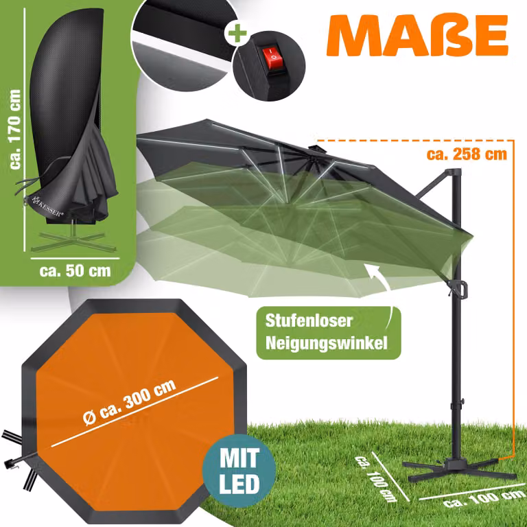 KESSER® Parasole per pergolati, modello SUN, diametro 330 cm, regolabile in 7 posizioni, rotazione a 360°, include copertura