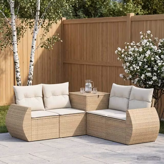 Set di divani da giardino a L con polyrattan e struttura in metallo vidaXL, colore beige e bianco, con cuscini inclusi